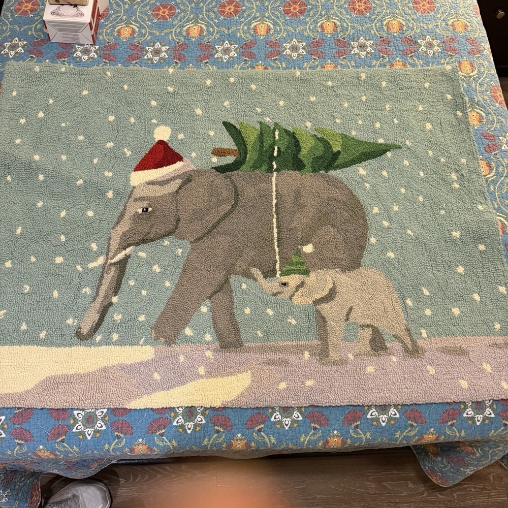 Christmas Elephant Hooked Wool Rug 33x45 Holiday Accent Rug Winter Tree Decor